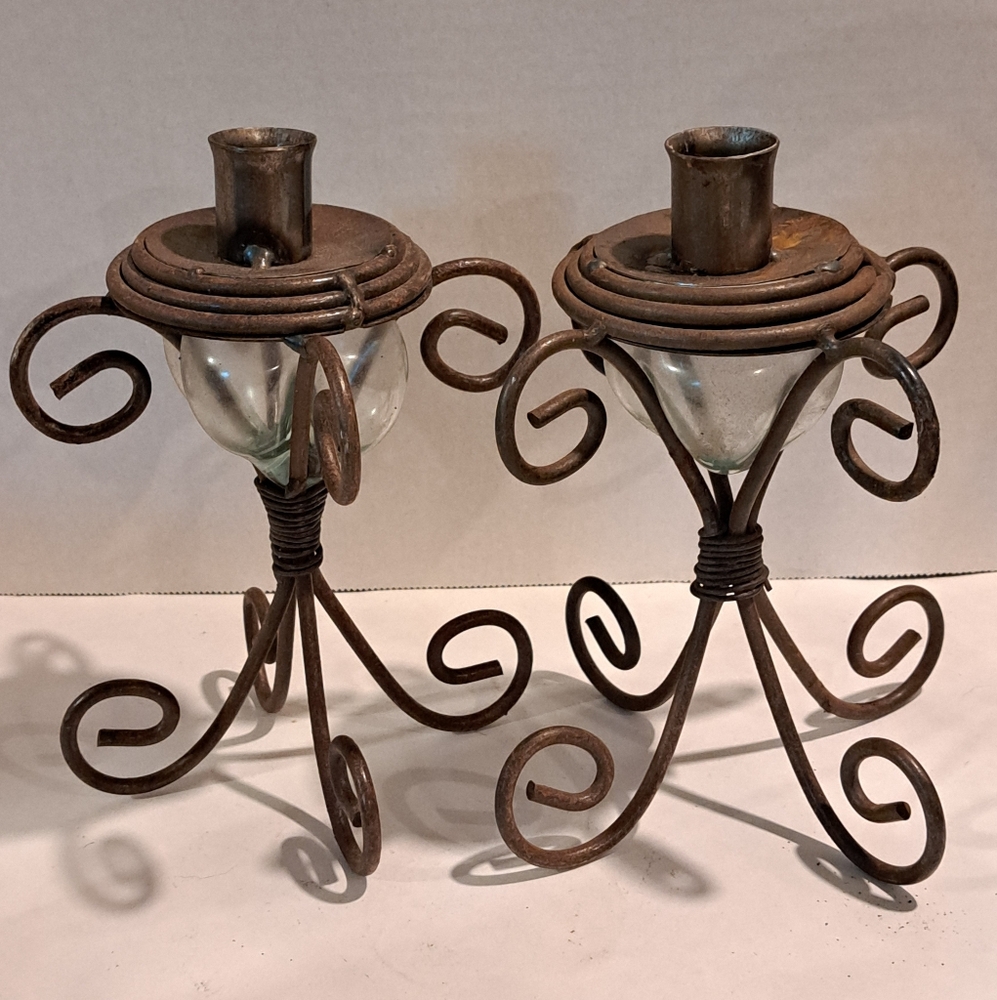 Pair of Wrought Iron Candlestick, Vintage Rustic Scroll Metal Pillar Candle.